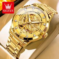 OLEVS 7027 Luxury Business Man Watch Dragon Skeleton Dial Stainless Steel Waterproof Mechanical Automatic Mens Watches yellow