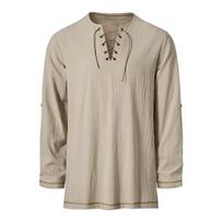 Vyriški vintažiniai suvarstomi marškinėliai ilgomis rankovėmis su „Henry“ apykakle, viršus pavasariui ir rudeniui, vienspalviai marškinėliai kasdieniam dėvėjimui, pasirodymams, cosplay S smėlis