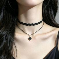 Black Four-Petal Net Red Choker Necklace Collarbone Chain Women's Neck Lace Sweet Cool New Necklace gray