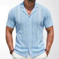 Men's Cuban Collar Wheat Ear Jacquard Knit Polo Shirt, Short Sleeve Casual Summer Cardigan, SY0194 L gray