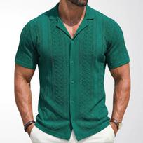 Men's Cuban Collar Wheat Ear Jacquard Knit Polo Shirt, Short Sleeve Casual Summer Cardigan, SY0194 L