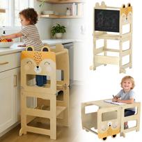 Foldable 3-in-1 Learning Tower Convertible into Desk and Chair with Board Fox Drawings Natural 57 x 39 x 93 cm