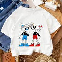 Kids Short Sleeve T Shirt Cuphead And Mugman Classic Game Cartoon Print O-Neck Tee Trendy Graphic Casual Boys Girls Summer Top 130 white