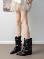 Soft Leather Version~ White Spice Girl Rivet Pleated Pointed Trouser Tube Boots Women'S Knight Boots Medium Tube Stacked Boots Short 39