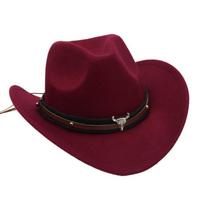 Felt Western Cowboy Hat Cow Head Cowgirl Cap Retro Sunscreen Bucket Hat  Summer vyno raudonos spalvos
