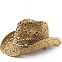 ins hollow straw weaving western cowboy hat summer sun protection straw hat, outdoor beach hat M（56-58cm） beige