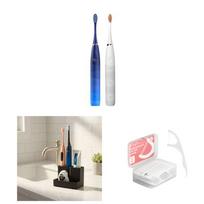 Oclean Flow (mėlyna ir balta) + UNB laikiklis dviem šepetėliams (juodas) + Oclean dantų siūlai lazdelėse