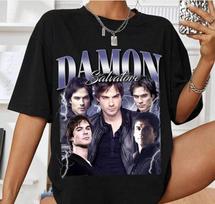 Damon Salvatore Tshirt Vampire Diaries Pattern Tshirt for Men Four Seasons Unisex Cotton Casual Fashion Streetwear M gray