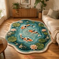 VIKAMA Washable Anti Slip Backing Carpet with Pseudo 2D Pond Koi Pattern Irregular Modern Living Room Home Decoration 60x60cm black