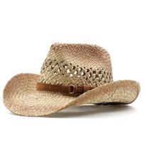 Vintage Western Cowboy Rider Hat Women's Seaside Sunscreen Top Hat Summer Men's Outdoor Sunshade Fishing Straw Hat adjustable beige