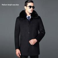 Men's Plush Wool Trench Coat with Real Fur Collar - Mid-Aged, Long Over-the-Knee, Plus Velvet for Extra Warmth, Perfect for Fathers 4XL black