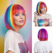 Rainbow Multi-Color Synthetic Wig for Daily Parties, Halloween Cosplay Wig, Bob Hairstyle Wig, Head Cover 12inches blue