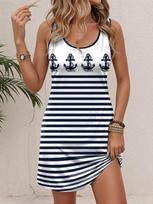 Nautical Anchor Dress Women Sleeveless Soft Sundress Bule White Stripe Summer New Casual  Daily Wear Fashion Female Trendy Tops XL blue