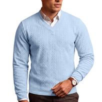 Men's V Neck Cable Knit Sweater Long Sleeve Solid Color Lightweight Casual Pullover Knitted Jumper for Business Daily XL šviesiai mėlyna spalva