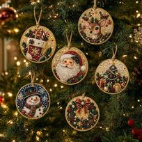 6Pcs Vintage Print DIY Christmas Diamond Painting Kit Round Shape Wooden Base Diamond Art Xmas Hanging Decor Full Round Drill