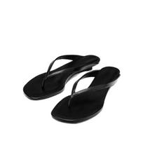 Cowhide Casual Thong Flip-Flops: Women's 2026 Small Wedge Heel Beach Sandals 39 juoda
