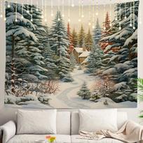 Elegantiškas snieguotas žiemos miško gobelenas, sienos dekoracija, kotedžo kraštovaizdžio freska, meno dekoras miegamajam, svetainei, namų dekoravimui 79×59inch/200*150cm gray