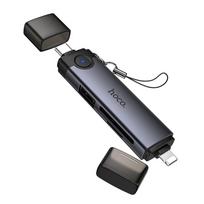 Pilkas Hoco HB56B SD/TF 3.0 kortelių skaitytuvas su USB 2.0, Type-C ir Lightning jungtimis