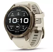 „Garmin fenix 9 Pro“ išmanusis laikrodis, 43 mm, titano, rudens aukso spalvos su kreminės spalvos / prancūziško pilko silikono dirželiu