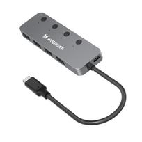 Pilkas aliumininis „4 × USB-A 3.0“ šakotuvas Wozinsky WHS080YSS su atskirais jungikliais ir 15 cm USB-C laidu