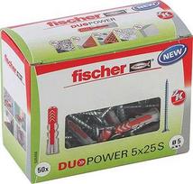 fischer DUOPOWER 5x25 S LD wall plug (light grey/red, pack of 50, with screw)