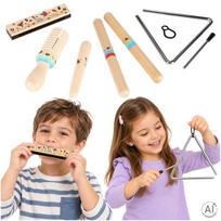 Mediniai muzikos instrumentai vaikams: trikampis, lazdelės, armonikėlė, guiro