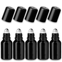 Juodas 15 ml stiklinis roll-on buteliukas su nerūdijančio plieno kamuoliuku, 5 vnt. rinkinys