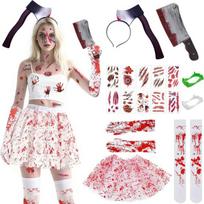 Moteriskas Zombie Helovino Kostiumas Sijonas Tutu Kraujuotas Rinkinys 17 Vienetu Raudonas Baltas, Universalus