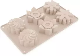 Silikoninė kepimo forma 6 keksiukams, gėlių formos, smėlio spalvos, 27 × 16 × 3 cm