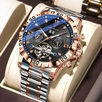 POEDAGAR Aukščiausios prabangos vyriškas laikrodis Automatinis datos ir savaitės rodymas Vyriškas riešinis laikrodis Tuščiaviduris Tourbillon Mechaninis Nerūdijančio plieno laikrodžiai mėlyna/rožinio aukso spalvos