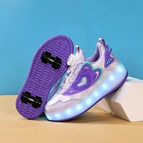 Childrens Skate Shoes USB Light Comfortable Roller-skating Sneakers Outdoor Sports Walking Girls Pink Roller Skate Shoes for Kid 32 white