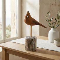 Medinė paukščio figūrėlė, sendinta apdaila, kaimiška statulėlė, balinta puošmena stalui, lentynai 6h001c Small beige