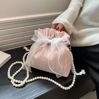 1Pc Niche Fashion High-end Bow Messenger Bag Autumn and Winter New Simple and Versatile Shoulder Bucket Bag Pearl Bag gray