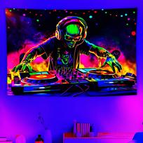 Neon Synthwave DJ Wall Tapestry Cyberpunk Music Decor Stereo Turntable Art Poster EDM Club Party Room Background Hanging Print P 95x73cm blue