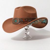 Vintage Western Cowboy Hat Turquoise Decor Cowgirl Hat Elegant Wide Brim Sun Hat  For Women Man chaki