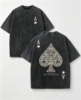 Vintage Poker Card Oversized T Shirt, Distressed Ace Symbol Graphic Top, Double Sided Streetwear Tee 150 black