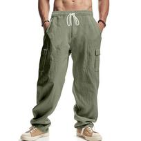 Men's Baggy Pants Linen Thin Breathable Multi-pocket Cargo Pants Loose Casual Wide Leg Straight Pants Spring Summer XL žalia