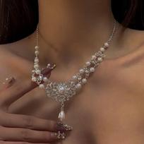 Pearl teardrop necklace - princess court style choker with diamond-accented zircon brown