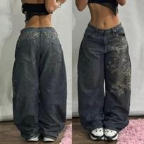 American Fashion New Black Old Washed Holes Baggy Jeans Ladies Y2K Vintage Punk Fashion Casual Joker High Waist Wide Leg Pants S gray