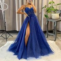 Naujas išleistuvių vakarėlis Suknelės Vestido de Festa Juoda Suknelė su kaklu Elegantiška Stilius Nėriniai Elegantiškas Sexy Slit M karališkos mėlynos spalvos