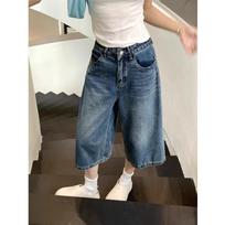 Vasarinės Vintažinės Moteriškos Laisvos Džinsinės Kelnės Y2k Laisvos Skalbtos Aukšto Juosmens Kelio Ilgio Džinsinės Kelnės Streetwear Plačios Kojos Šortai XS tamsiai mėlyna spalva