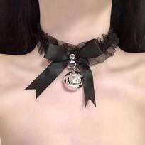 Women Sexy Erotic Adjustable Charm Lace Collar Bells Bow Necklace Clavicle Choker Lolita Cosplay Girls Costumes Uniform Jewelry gray