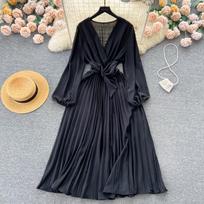 KOSY Autumn Women Vintage Pleated Midi Dress Elegant V-Neck Puff Long Sleeve High Waist A-Line Red Green Dresses One Size black