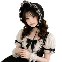 Ruffled Lace Bonnet Cap with Flower Embroidery and Foldable Design for Cosplay, Anime Maid, and Theatrical Costume Styling juoda