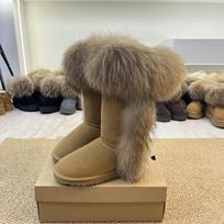 Women High Knee Snow Boots Real Fox Fur Trim Warm Plush Lined Winter Tall Boots 44 black