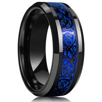 Madingi 8mm juodo volframo vestuviniai keltų drakono žiedai su mėlynu cirkoniu nerūdijančio plieno žiedai vyrams mėlynas anglies pluošto žiedas 8 black