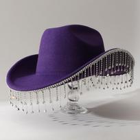 Populiari kaubojaus skrybėlė su elegantišku plačiu kraštu, lengvas prabanga, blizgūs kutai, tinkama vakarėliams ir fortepijono koncertams Average Size violetinė