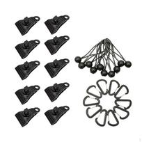 10x Camp Tent Clips Set Windproof Firmly Heavy Duty Reusable and 10 Carabiner for Outdoor black
