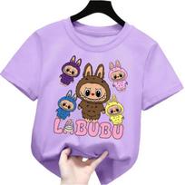 2025 New Labubu Printed Children's T-shirt LABUBU Pattern Girls Round Neck Short Sleeve Fashion Versatile Clothing 130 pink
