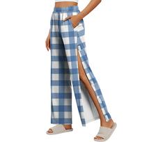 Women Plaid Side Velcro Closure Easy Open Post Surgery Recovery Care Long Pants Adjustable Fit Soft Fabric L gray